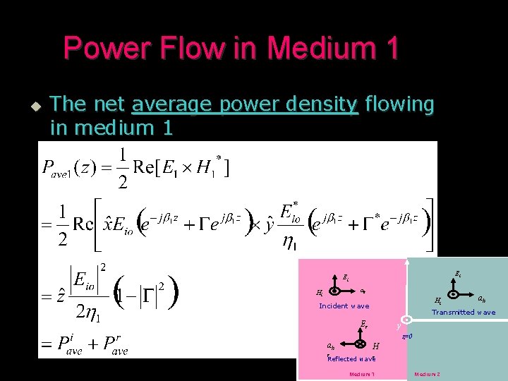 Power Flow in Medium 1 u The net average power density flowing in medium