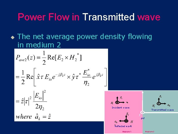 Power Flow in Transmitted wave u The net average power density flowing in medium