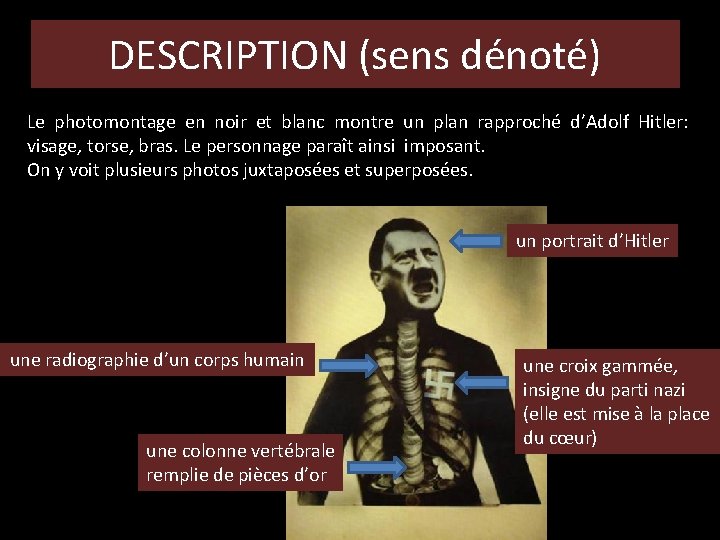 DESCRIPTION (sens dénoté) Le photomontage en noir et blanc montre un plan rapproché d’Adolf DESCRIPTION (sens dénoté) Le photomontage en noir et blanc montre un plan rapproché d’Adolf