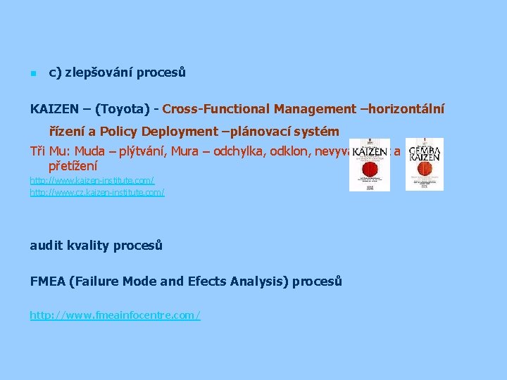 n c) zlepšování procesů KAIZEN – (Toyota) - Cross-Functional Management –horizontální řízení a Policy