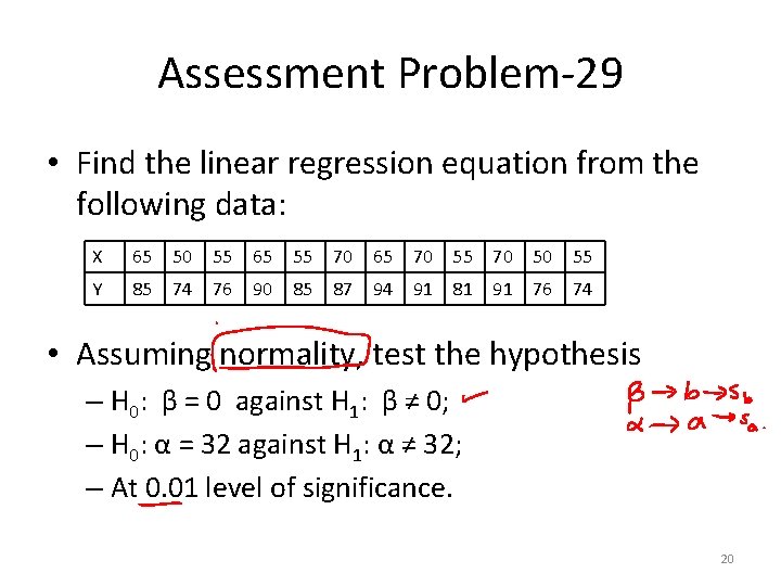 Assessment Problem-29 • Find the linear regression equation from the following data: X 65