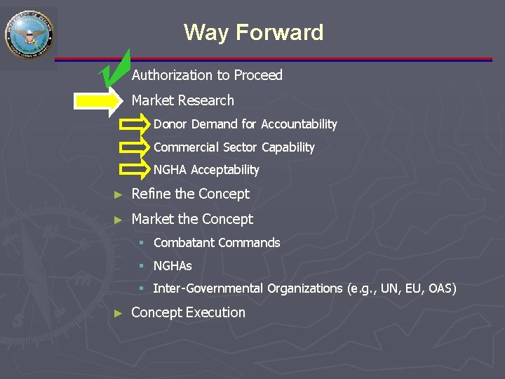 Way Forward ► Authorization to Proceed ► Market Research § Donor Demand for Accountability