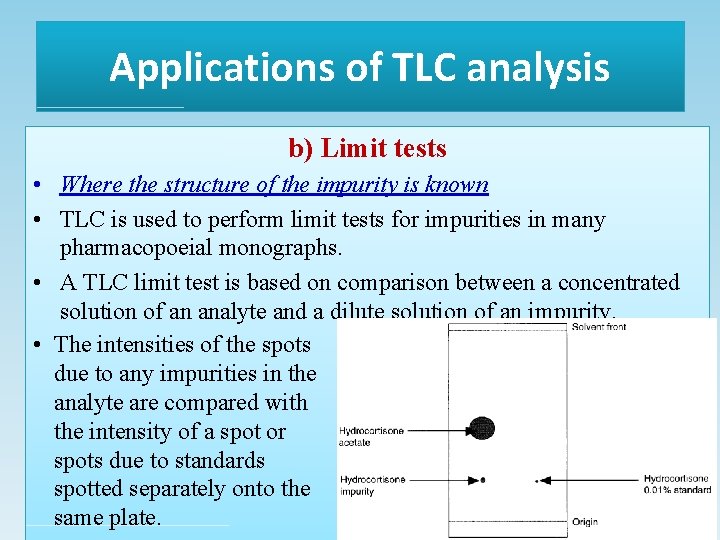 Applications of TLC analysis b) Limit tests • Where the structure of the impurity