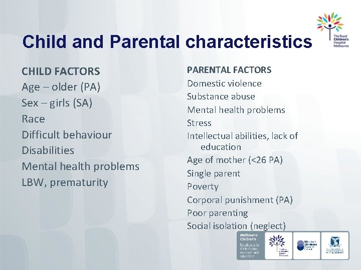 Child and Parental characteristics CHILD FACTORS Age – older (PA) Sex – girls (SA)