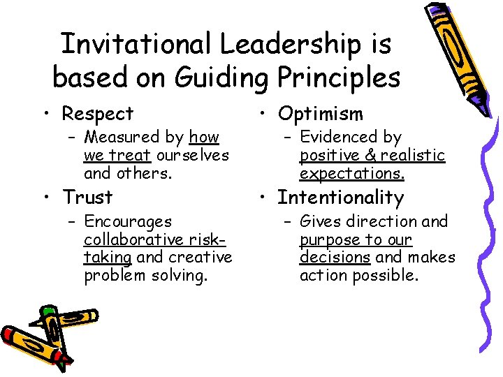 Invitational Leadership is based on Guiding Principles • Respect • Optimism • Trust •