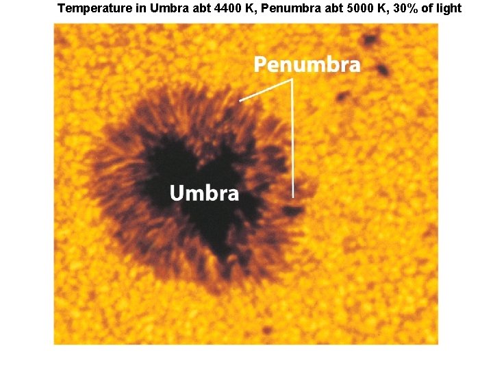 Temperature in Umbra abt 4400 K, Penumbra abt 5000 K, 30% of light 