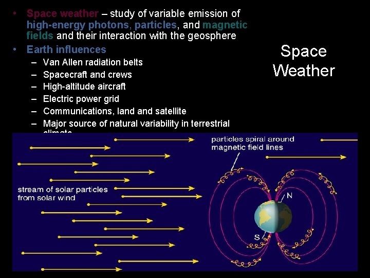  • Space weather – study of variable emission of high-energy photons, particles, and