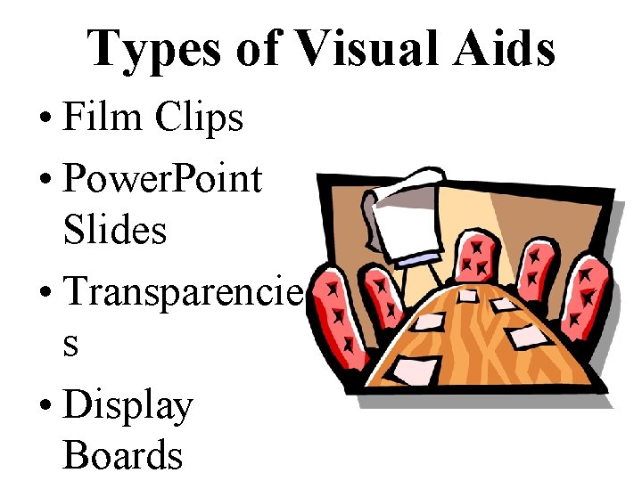 Types of Visual Aids • Film Clips • Power. Point Slides • Transparencie s