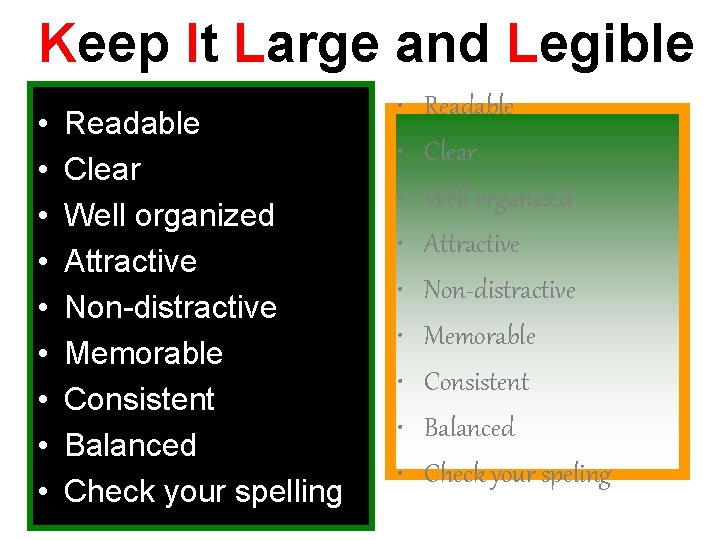 Keep It Large and Legible • • • Readable Clear Well organized Attractive Non-distractive