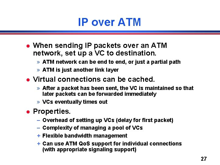 IP over ATM l When sending IP packets over an ATM network, set up