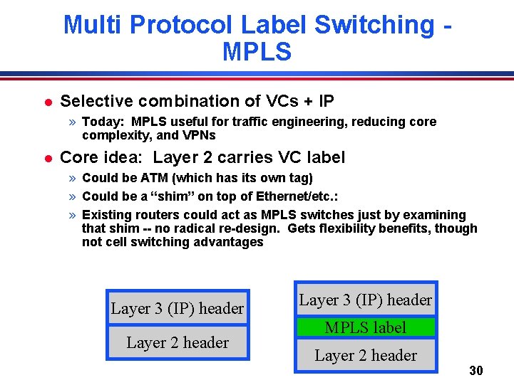 Multi Protocol Label Switching MPLS l Selective combination of VCs + IP » Today: