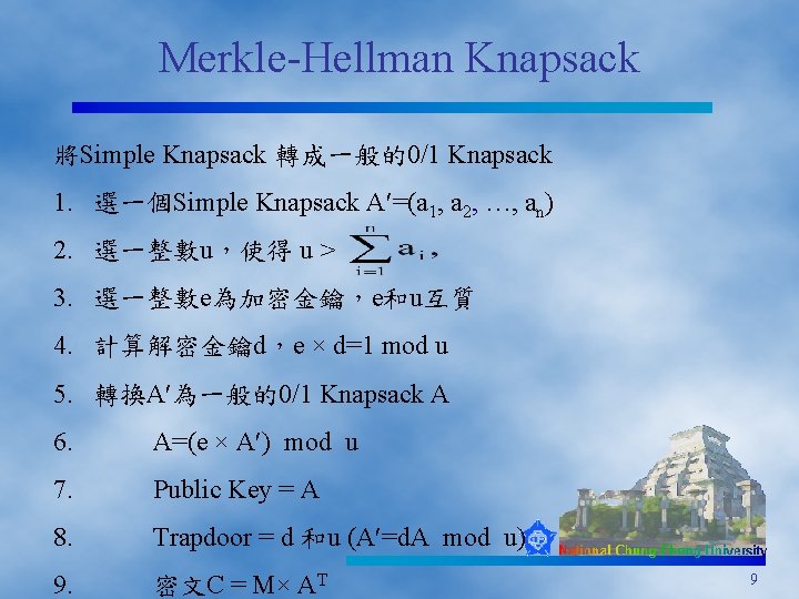 Merkle-Hellman Knapsack 將Simple Knapsack 轉成一般的0/1 Knapsack 1. 選一個Simple Knapsack A =(a 1, a 2,