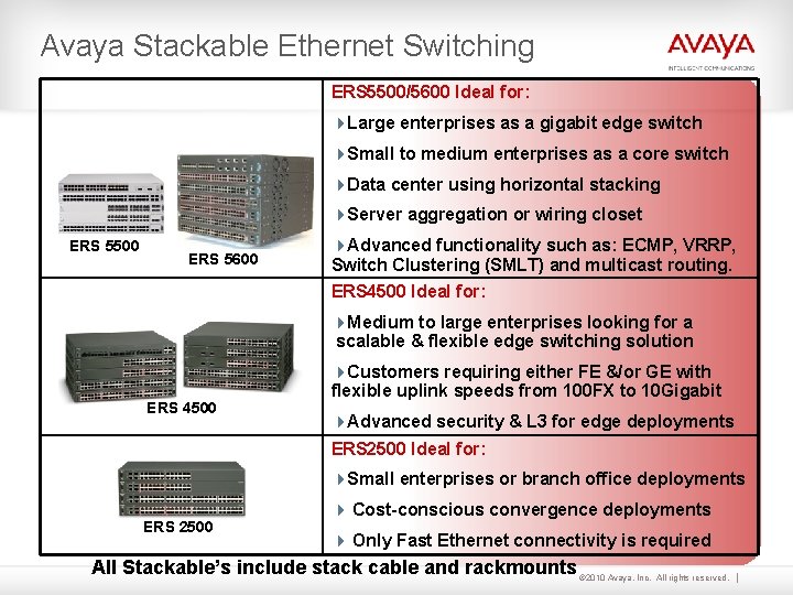 Avaya Stackable Ethernet Switching ERS 5500/5600 Ideal for: 4 Large enterprises as a gigabit