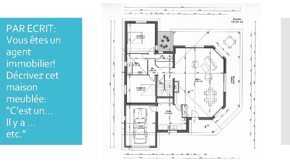 PAR ECRIT: Vous êtes un agent immobilier! Décrivez cet maison meublée: “C’est un… Il