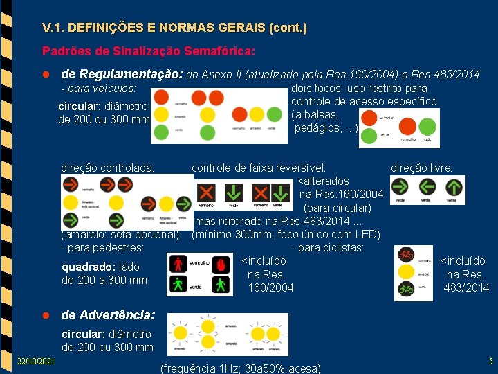 V. 1. DEFINIÇÕES E NORMAS GERAIS (cont. ) Padrões de Sinalização Semafórica: l de