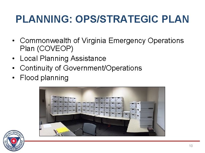 PLANNING: OPS/STRATEGIC PLAN • Commonwealth of Virginia Emergency Operations Plan (COVEOP) • Local Planning