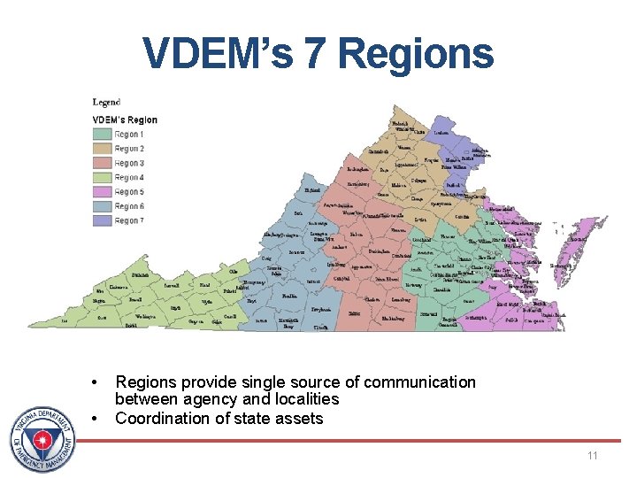 VDEM’s 7 Regions • • Regions provide single source of communication between agency and