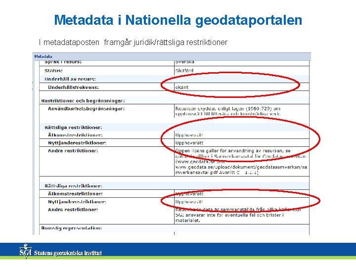 Metadata i Nationella geodataportalen I metadataposten framgår juridik/rättsliga restriktioner 