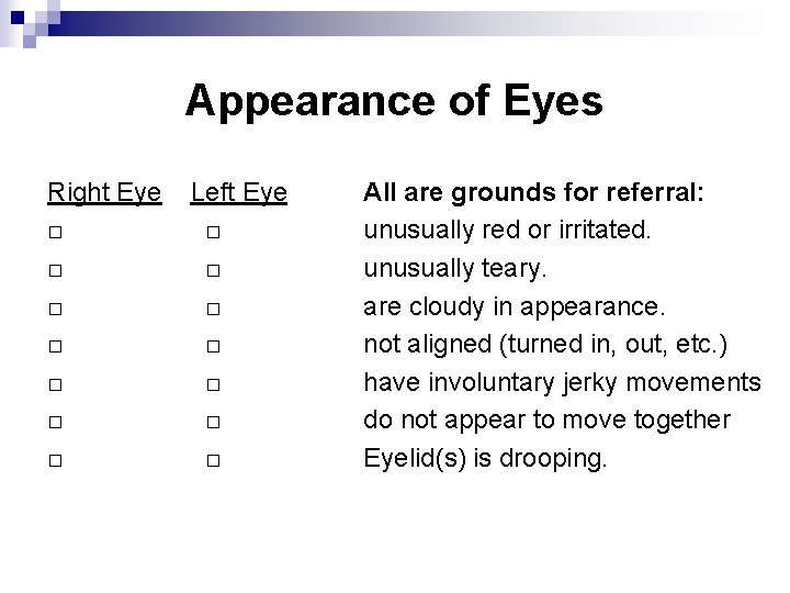 Appearance of Eyes Right Eye □ □ □ □ Left Eye □ □ □