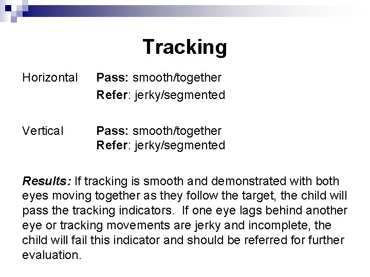 Tracking Horizontal Pass: smooth/together Refer: jerky/segmented Vertical Pass: smooth/together Refer: jerky/segmented Results: If tracking