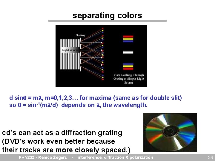 separating colors d sin = m , m=0, 1, 2, 3… for maxima (same