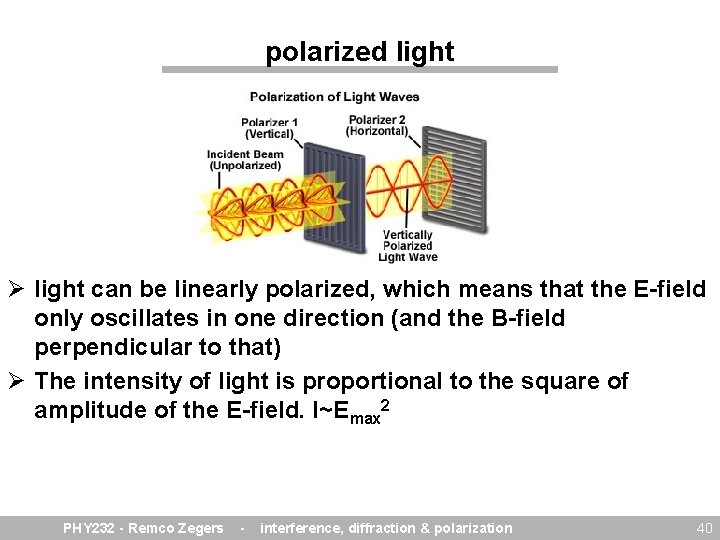 polarized light Ø light can be linearly polarized, which means that the E-field only