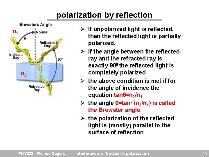 polarization by reflection Ø If unpolarized light is reflected, than the reflected light is