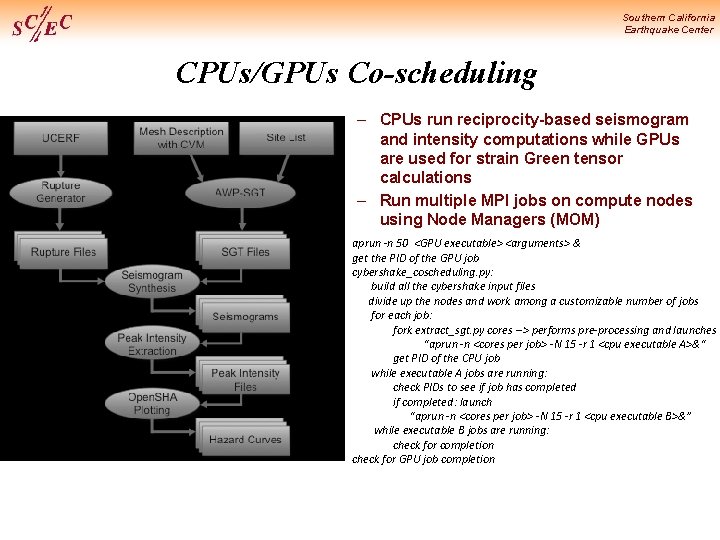 Southern California Earthquake Center CPUs/GPUs Co-scheduling – CPUs run reciprocity-based seismogram and intensity computations