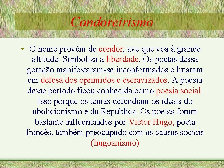 Condoreirismo • O nome provém de condor, ave que voa à grande altitude. Simboliza