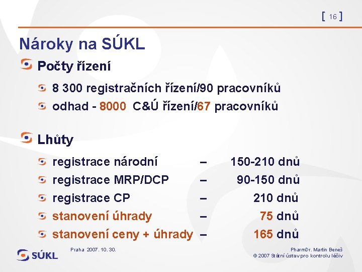 [ 16 ] Nároky na SÚKL Počty řízení 8 300 registračních řízení/90 pracovníků odhad