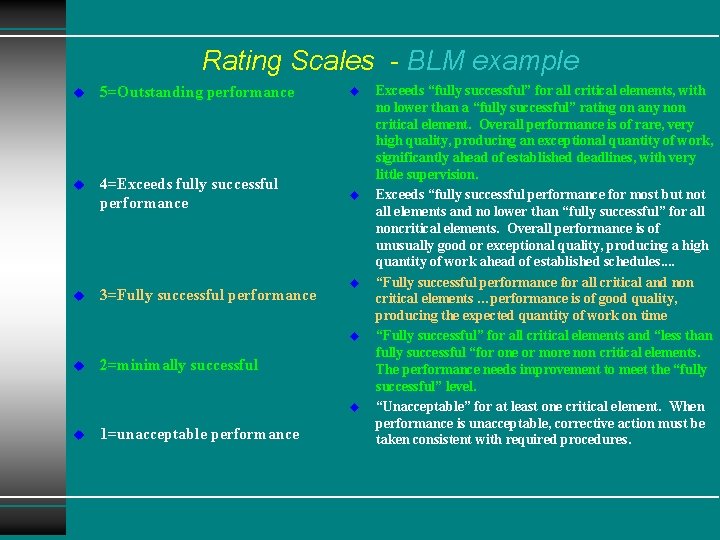 Rating Scales - BLM example u 5=Outstanding performance u u 4=Exceeds fully successful performance