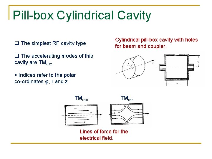 Pill-box Cylindrical Cavity q The simplest RF cavity type Cylindrical pill-box cavity with holes