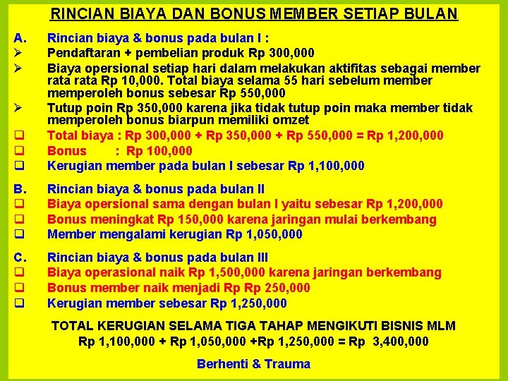 RINCIAN BIAYA DAN BONUS MEMBER SETIAP BULAN A. Ø Ø q q q Rincian