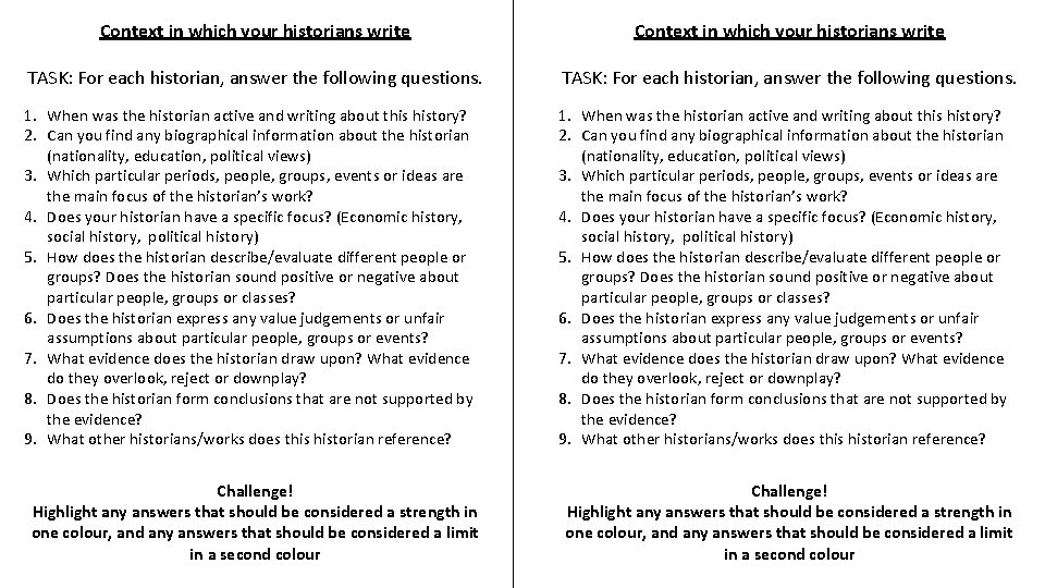 Context in which your historians write TASK: For each historian, answer the following questions.