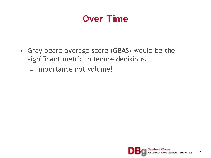 Over Time • Gray beard average score (GBAS) would be the significant metric in