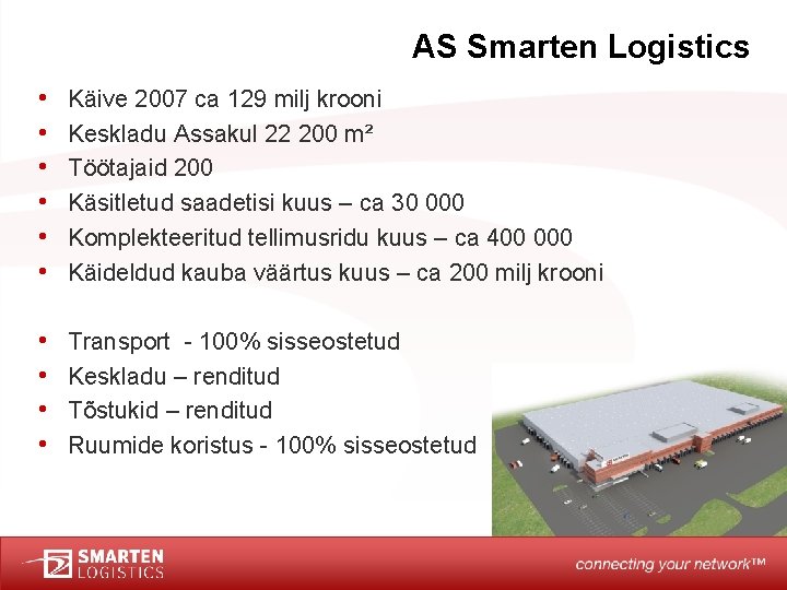 AS Smarten Logistics • • • Käive 2007 ca 129 milj krooni Keskladu Assakul
