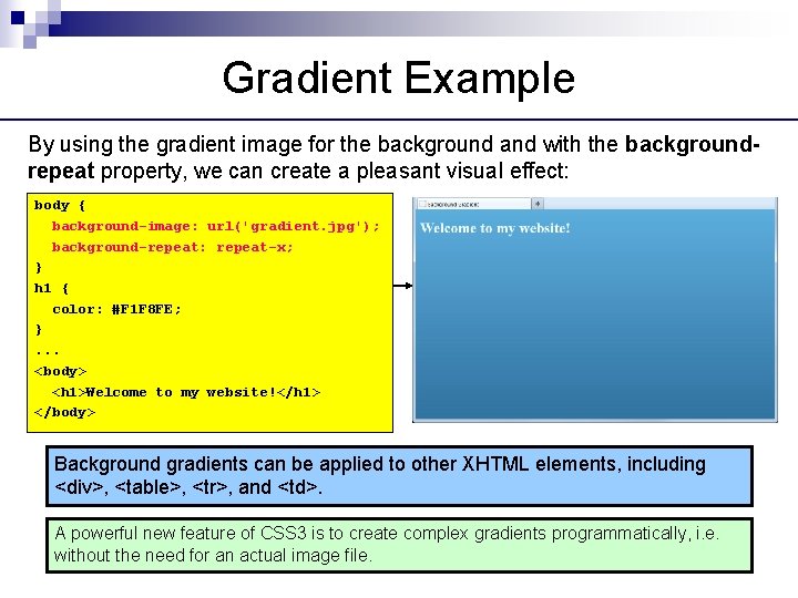 Gradient Example By using the gradient image for the background and with the backgroundrepeat