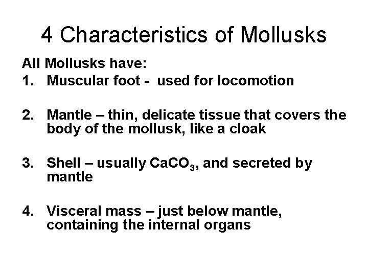 4 Characteristics of Mollusks All Mollusks have: 1. Muscular foot - used for locomotion