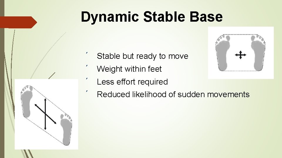 Dynamic Stable Base ´ Stable but ready to move ´ Weight within feet ´