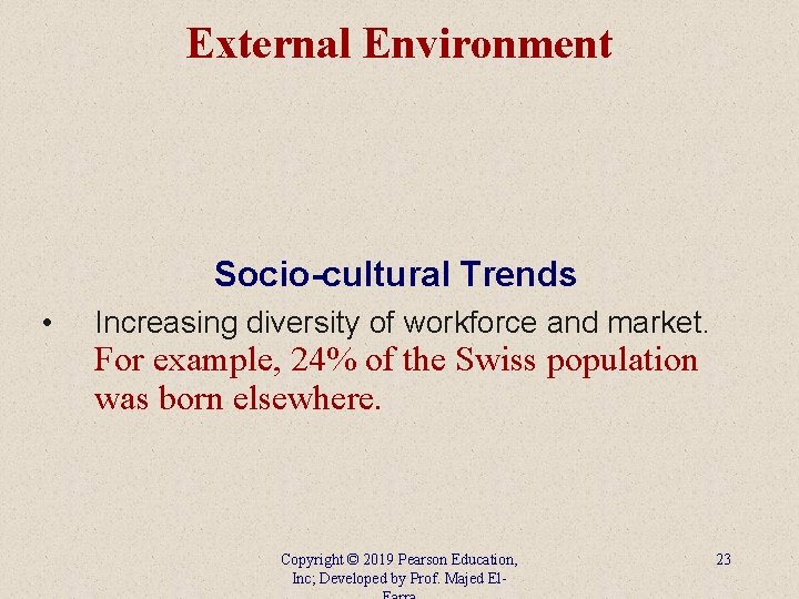 External Environment Socio-cultural Trends • Increasing diversity of workforce and market. For example, 24%