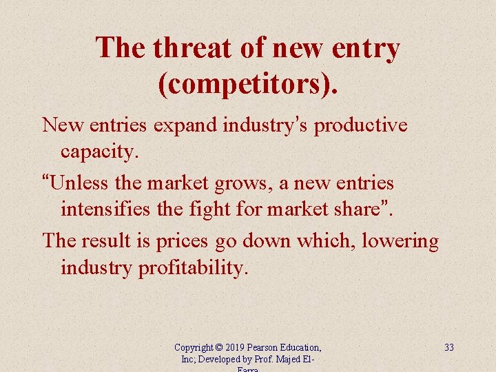 The threat of new entry (competitors). New entries expand industry’s productive capacity. “Unless the