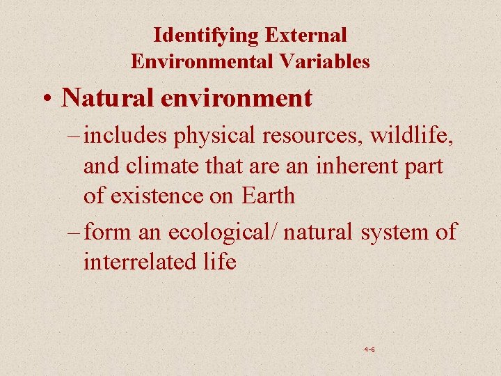 Identifying External Environmental Variables • Natural environment – includes physical resources, wildlife, and climate
