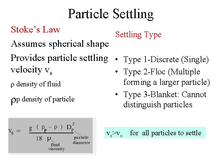 Particle Settling Stoke’s Law Settling Type Assumes spherical shape Provides particle settling • Type