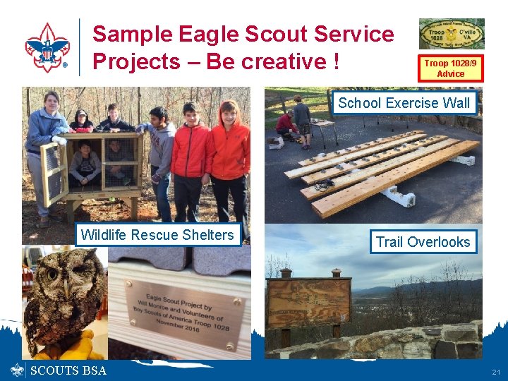 Sample Eagle Scout Service Projects – Be creative ! Troop 1028/9 Advice School Exercise