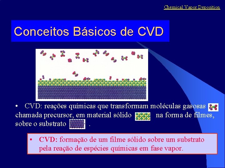 Chemical Vapor Deposition Conceitos Básicos de CVD • CVD: reações químicas que transformam moléculas