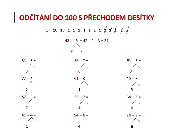 ODČÍTÁNÍ DO 100 S PŘECHODEM DESÍTKY 10 10 10 1 1 1 42 –