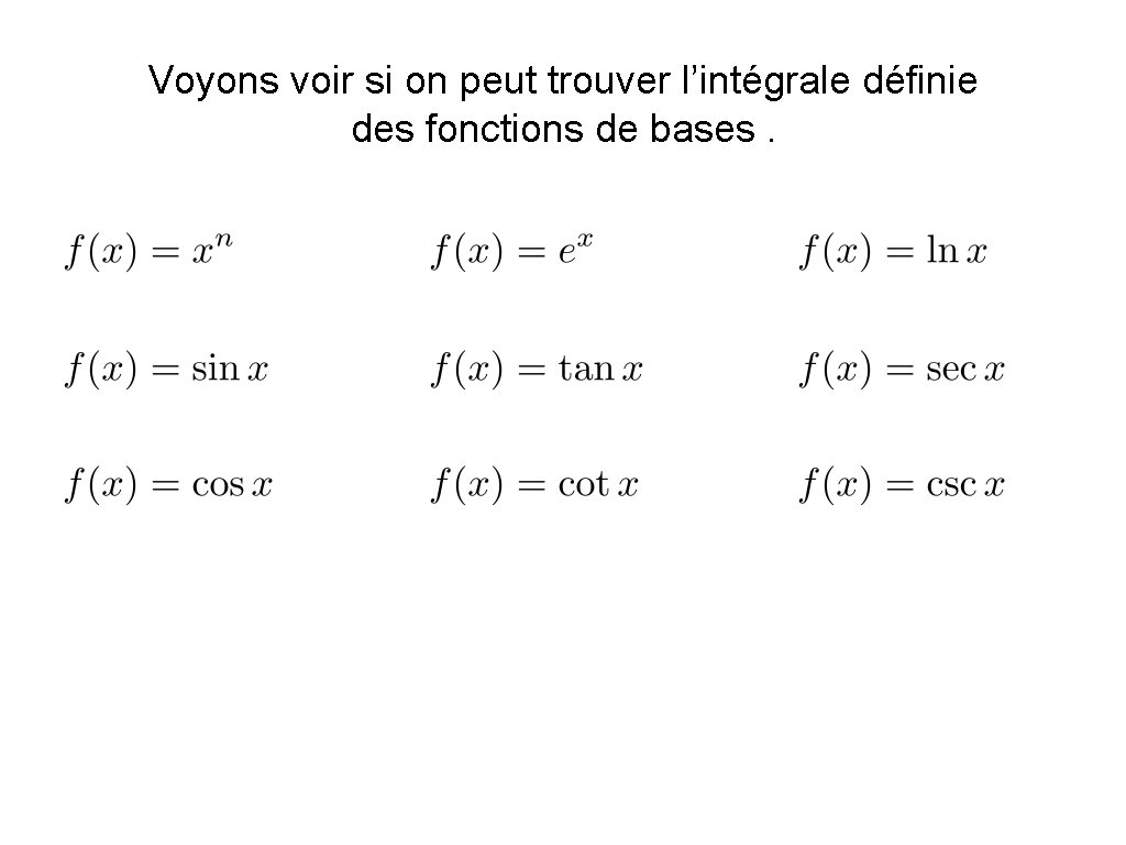 Voyons voir si on peut trouver l’intégrale définie des fonctions de bases. 