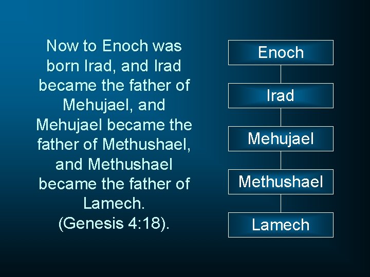 Now to Enoch was born Irad, and Irad became the father of Mehujael, and