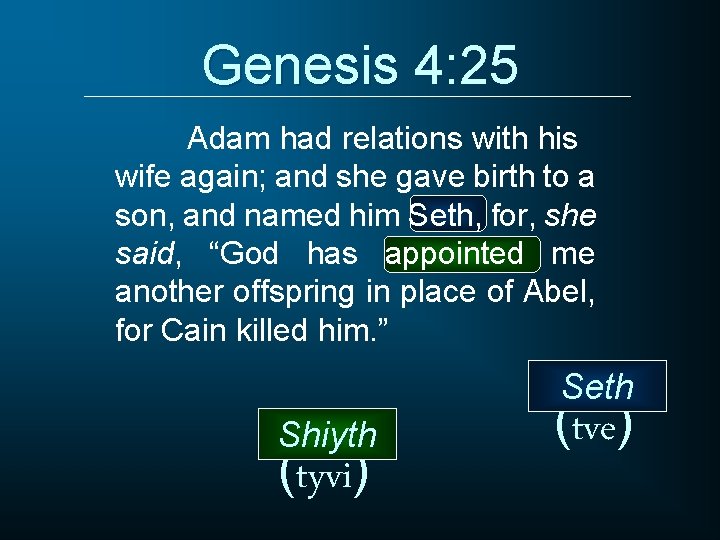 Genesis 4: 25 Adam had relations with his wife again; and she gave birth