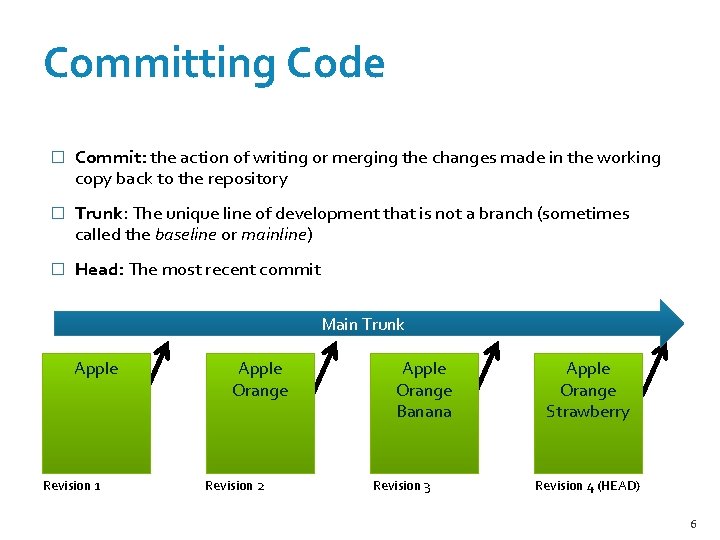 Committing Code � Commit: the action of writing or merging the changes made in